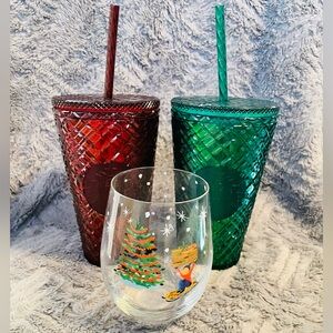 Festive Red and Green Starbucks Tumblers Set with Holiday Glass